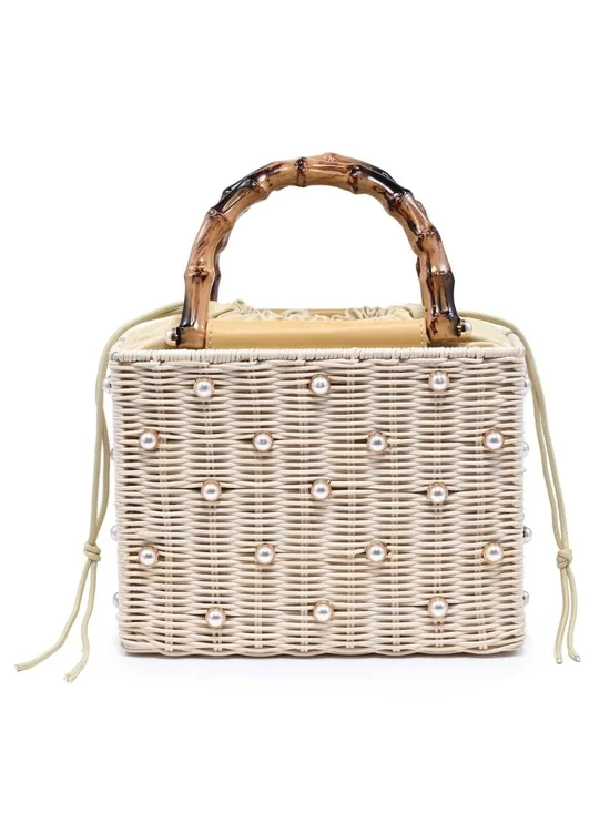 Maxie Evening Women’s Pearl-Embellished Wicker Top-Handle Bag in Cream - Picture 3 of 7